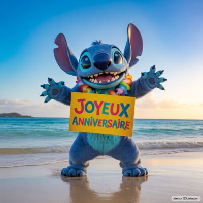 Stitch, personnage bleu à grandes oreilles, souriant sur la plage, tient une pancarte colorée indiquant Joyeux Anniversaire.