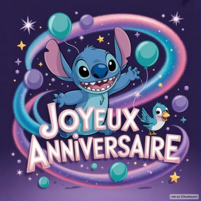 Image colorée de Stitch, personnage bleu souriant, tenant des ballons, avec le texte Joyeux Anniversaire en lettres grandes et festives.