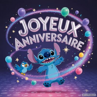 Carte d'anniversaire avec Stitch et un oiseau, sur fond violet. Texte Joyeux Anniversaire entouré de ballons colorés et d'étoiles.
