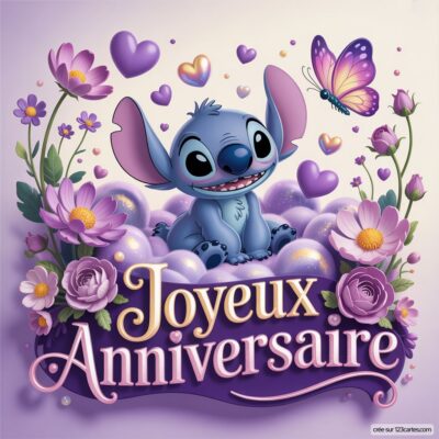 Image représentant Stitch, un adorable extraterrestre bleu, entouré de fleurs, cœurs et un papillon, avec le texte Joyeux Anniversaire.