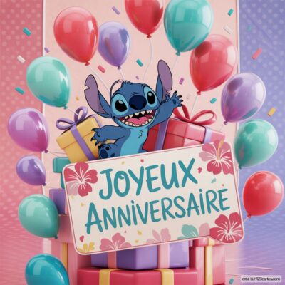 Carte d'anniversaire colorée avec Stitch, entouré de ballons et de cadeaux, portant l'inscription Joyeux Anniversaire.