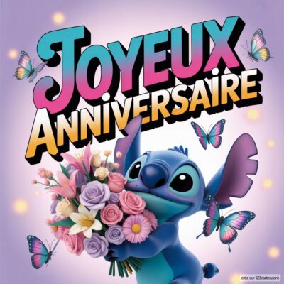 Image colorée pour un joyeux anniversaire : Stitch, le personnage extraterrestre, tient un bouquet de fleurs entouré de papillons.