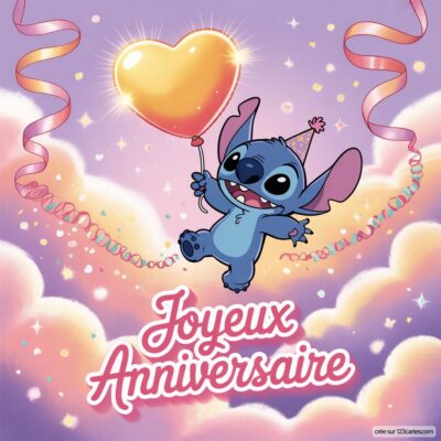 Image d'un personnage bleu, Stitch, tenant un ballon en forme de cœur. Texte Joyeux Anniversaire sur fond coloré avec des confettis.