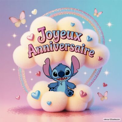 Carte virtuelle d'anniversaire avec Stitch au milieu de nuages et de cœurs, entouré de papillons. Texte : Joyeux Anniversaire.
