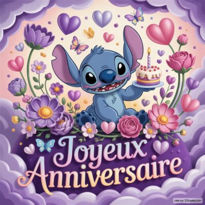 Carte virtuelle d'anniversaire avec Stitch, un petit extraterrestre bleu, tenant un gâteau entouré de fleurs et de cœurs. Joyeux anniversaire !