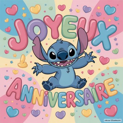 Carte d'anniversaire avec Stitch, un personnage bleu souriant, entouré de cœurs colorés et des mots 'Joyeux Anniversaire'.
