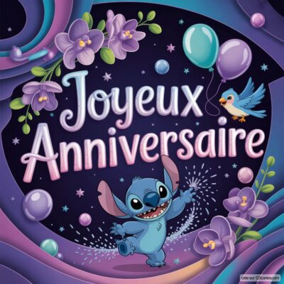 Carte virtuelle d'anniversaire avec Stitch tenant des ballons, des fleurs et le texte Joyeux Anniversaire en couleur.