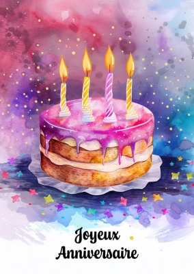 Gâteau d'anniversaire coloré avec quatre bougies allumées sur fond aquarelle, texte « Joyeux Anniversaire » en haut.