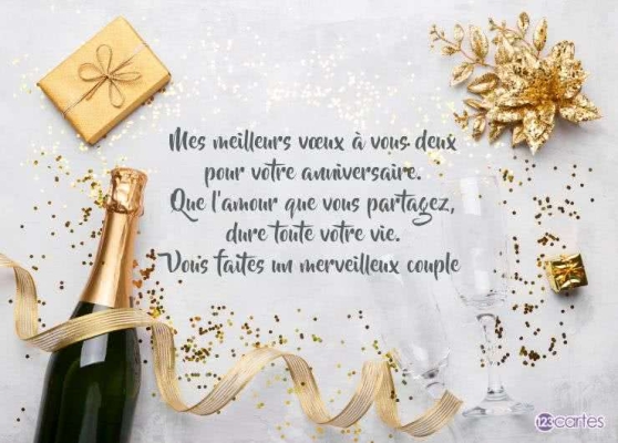 Champagne, flûte, paquet-cadeau doré et déco pétillante sur fond blanc. Décor élégant et festif pour carte d'anniversaire mariage.