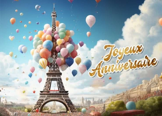 Tour Eiffel entourée de ballons colorés avec texte doré Joyeux Anniversaire sur fond de ciel bleu. Paris, festive, célébration.