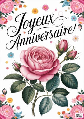 Carte d'anniversaire féminine avec texte Joyeux Anniversaire en calligraphie, ornée de roses roses et de fleurs colorées.