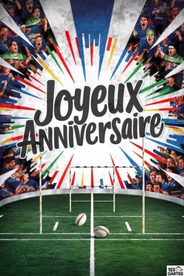 Carte anniversaire rugby avec public vibrant, ballons et couleurs vives. Célébrez un anniversaire sportif et joyeux.