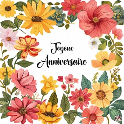 Carte d'anniversaire avec texte Joyeux Anniversaire entouré de fleurs colorées. Design floral attrayant et festif.