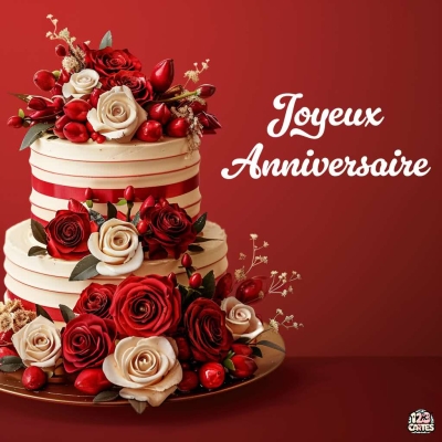 Gâteau à deux étages décoré de roses rouges et blanches avec message « Joyeux Anniversaire » sur fond rouge.