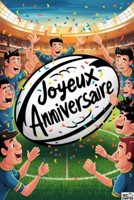 Joueurs de rugby célèbrent un anniversaire avec un ballon géant et des confettis colorés dans un stade en fête.