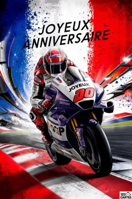 Carte anniversaire moto dynamique, fond drapeau français, avec texte Joyeux Anniversaire. Parfaite pour passionné de vitesse.