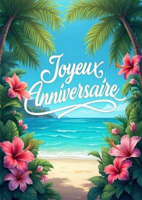 Carte d'anniversaire avec une plage tropicale, des fleurs et des ballons colorés