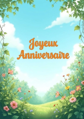 Carte d'anniversaire avec un paysage zen de nature et de fleurs