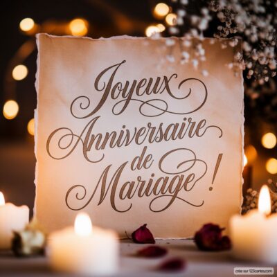 Carte d'anniversaire de mariage avec le texte élégant Joyeux Anniversaire de Mariage ! et des bougies, décorée de fleurs.