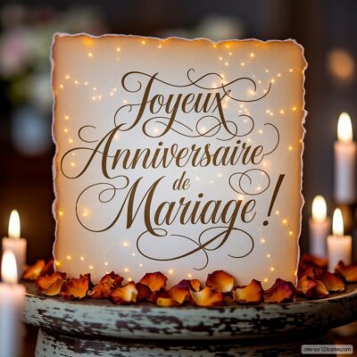 Carte virtuelle pour un anniversaire de mariage, avec un message élégant et lumineux sur fond de pétales de rose et bougies.