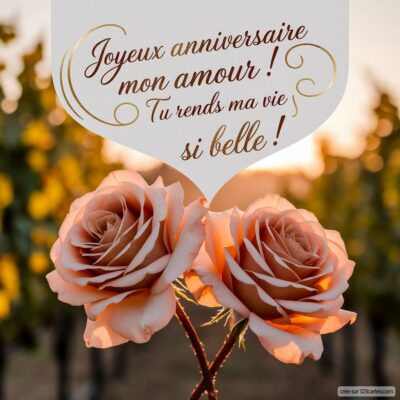 Carte virtuelle d'anniversaire de mariage avec deux roses et un message affectueux en arrière-plan.