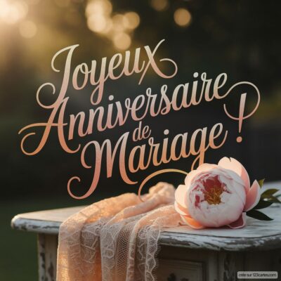 Carte d'anniversaire de mariage avec écrit : Joyeux Anniversaire de Mariage en rose, sur une table décorée de dentelle et d'une fleur.