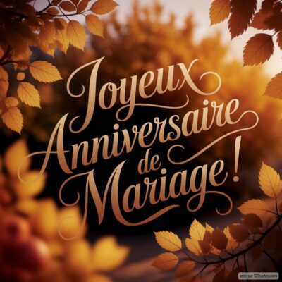 Carte virtuelle anniversaire de mariage avec le message 'Joyeux Anniversaire de Mariage' sur un fond automnal.