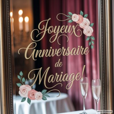 Carte virtuelle d'anniversaire de mariage avec inscription élégante Joyeux Anniversaire de Mariage! ornée de roses, devant deux flûtes.