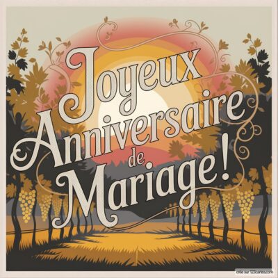 Carte virtuelle d'anniversaire de mariage avec un coucher de soleil, des vignes et l'inscription Joyeux Anniversaire de Mariage !
