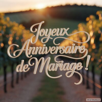 Inscription Joyeux Anniversaire de Mariage ! au premier plan, avec un vignoble en arrière-plan baigné de lumière dorée.