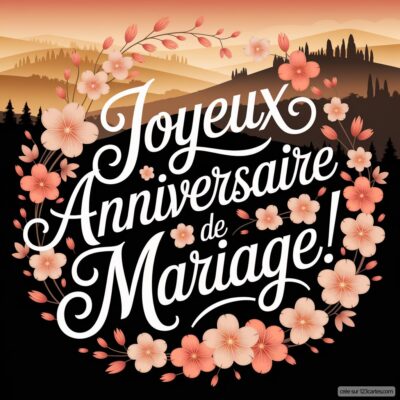 Carte virtuelle d'anniversaire de mariage avec un fond noir, des fleurs roses et le texte Joyeux Anniversaire de Mariage! en lettres blanches.