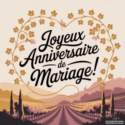 Carte d'anniversaire de mariage avec un message festif, entouré de fleurs sur fond de vignoble et ciel pastel.