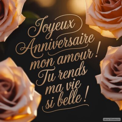 Carte d'anniversaire de mariage avec des roses et le message en calligraphie : Joyeux Anniversaire mon amour !
