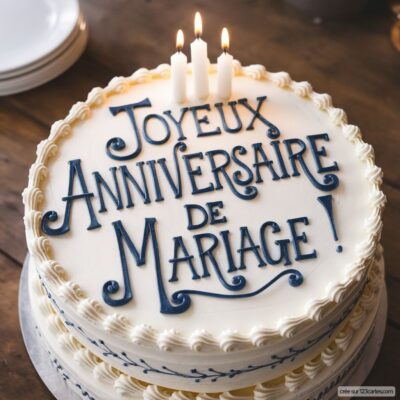Gâteau d'anniversaire de mariage avec inscription Joyeux Anniversaire de Mariage ! et quatre bougies allumées.