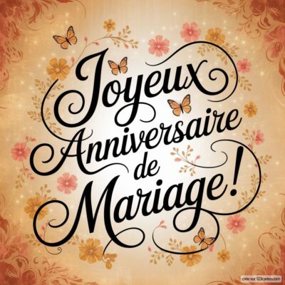 Carte d'anniversaire de mariage avec le message 'Joyeux Anniversaire de Mariage!' entouré de fleurs et de papillons.