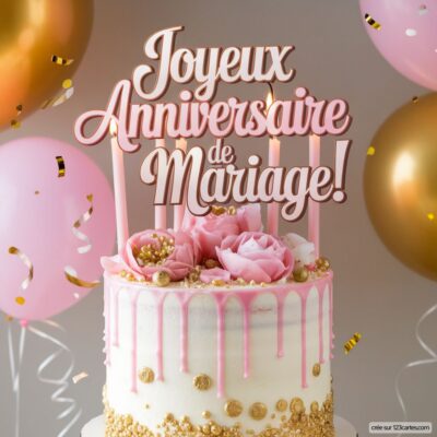 Gâteau d'anniversaire de mariage avec décorations roses, bougies et ballons dorés et roses en arrière-plan.
