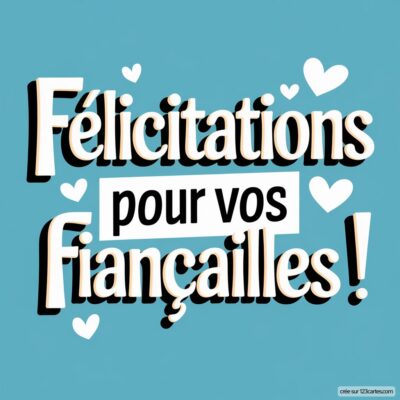 Fond bleu avec le texte Félicitations pour vos fiançailles ! en lettres blanches et noires, accompagné de coeurs.