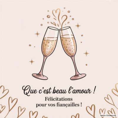 Deux flûtes de champagne se touchent, entourées de cœurs dorés. Texte : Que c'est beau l'amour ! Félicitations pour vos fiançailles !