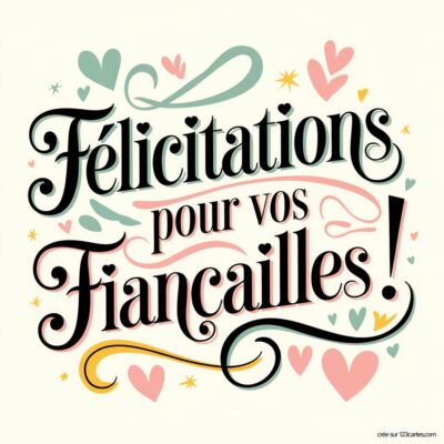 Carte de félicitations avec des cœurs colorés et le message en lettres stylisées : Félicitations pour vos fiançailles !