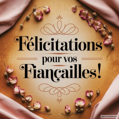 Carte de félicitations en rose, entourée de fleurs séchées. Texte central : Félicitations pour vos Fiançailles !
