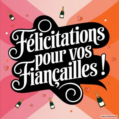 Fond dégradé rose avec des bouteilles de champagne et des cœurs. Texte noir Félicitations pour vos Fiançailles ! en gros caractères.