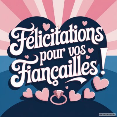 Carte de félicitations en rose et bleu, avec un anneau de fiançailles et des cœurs, écriture festive.