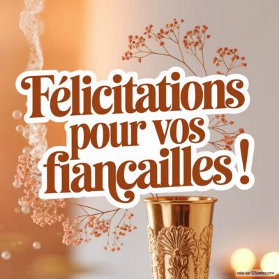 Carte de félicitations pour fiançailles avec un fond doux et des fleurs séchées, arborant le message en lettres élégantes.