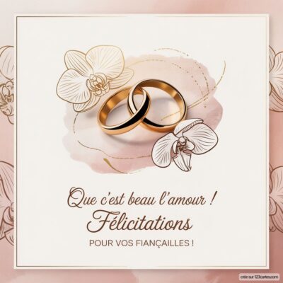 Carte de félicitations pour des fiançailles, avec des alliances entrelacées et des fleurs blanches élégantes.