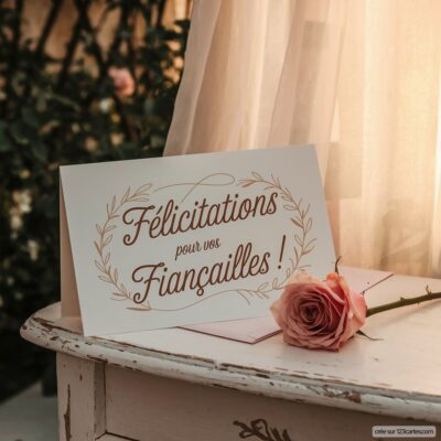 Carte de félicitations pour fiançailles, avec un texte élégant et une rose pink placée à côté, sur une table proche d'un rideau.