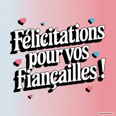 Carte de félicitations pour des fiançailles, avec un fond dégradé rose et bleu et des cœurs colorés.