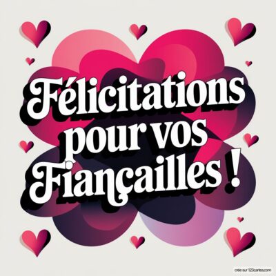 Carte de félicitations pour fiançailles, avec le message en lettres blanches sur un fond coloré et des cœurs roses.