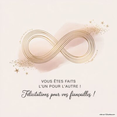 Carte de félicitations aux fiançailles avec un symbole infini doré et le texte : Vous êtes faits l’un pour l’autre !