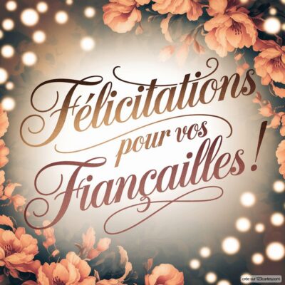 Carte de félicitations pour des fiançailles, ornée de fleurs et d'un fond lumineux avec des lettres élégantes.