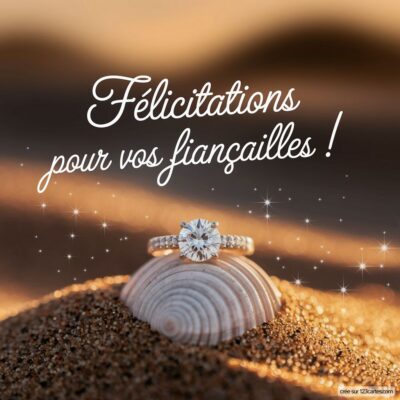 Bague de fiançailles brillante posée sur une coquille sur le sable, avec le texte Félicitations pour vos fiançailles ! en fond.